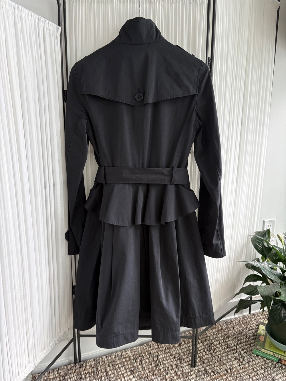 Armani Exchange Black Funnel Neck Trench Coat with Belt and Peplum Medium